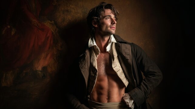 handsome regency-era man, tall and lean muscular build, cinematic lighting, high detail, romantic historical style, he wears a regency vest and coat