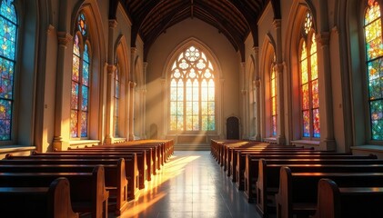 Tranquil church interior, sunlight streaming through stained glass windows , window, religious building
