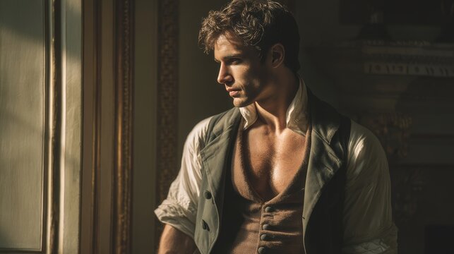 handsome regency-era man, tall and lean muscular build, cinematic lighting, high detail, romantic historical style, he wears a regency vest and coat