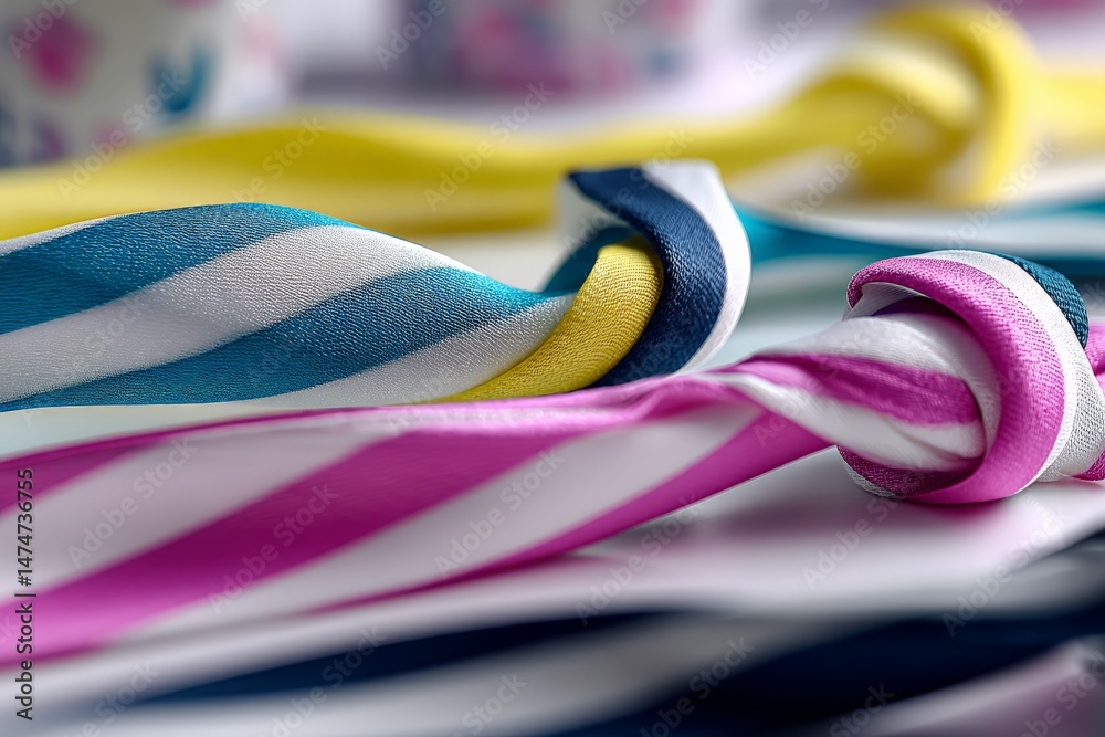 Poster Colorful fabric ribbons tied in various knots showcase creativity and craftsmanship at a crafting session in a bright studio