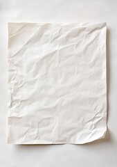 Wrinkled white sheet of paper.  A square, crumpled piece of white paper, laid flat against a plain white background