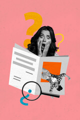 Art image vertical photo collage of minded girl peek newspaper question mark dilemma hesitation...