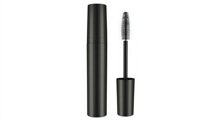 Obraz premium Black Mascara Tube and Wand with Brush Isolated on White Background for Beauty and Makeup