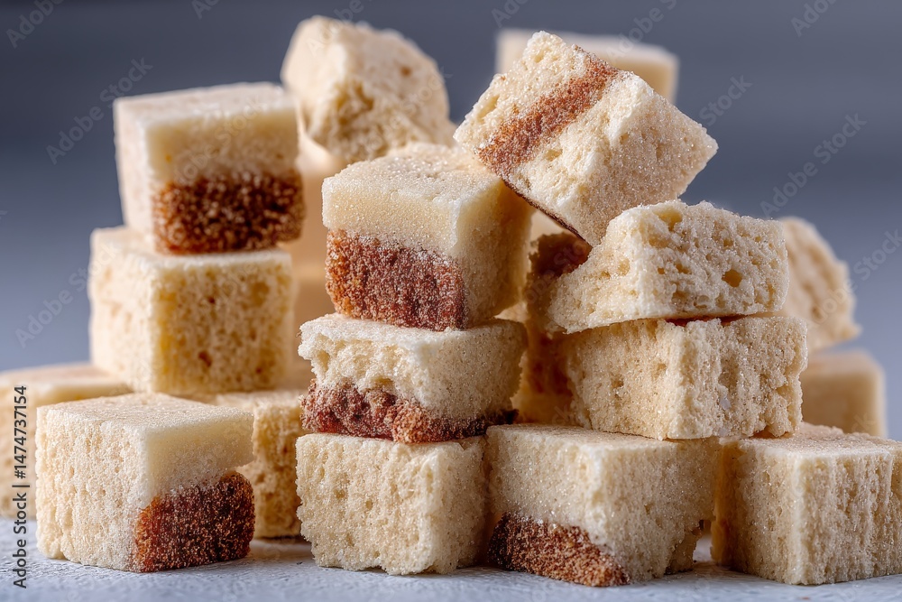 Poster sweet dessert cubes stacked artistically on a gray surface showcasing a layered texture and color va