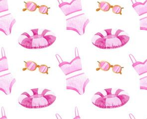 Seamless watercolor pattern with pink bikinis, striped inflatable rings and retro sunglasses. Hand painted beach design perfect for summer fashion, textiles and vacation decor