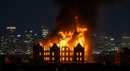 Inferno Engulfs Building in Urban Landscape at Twilight Dramatic Display
