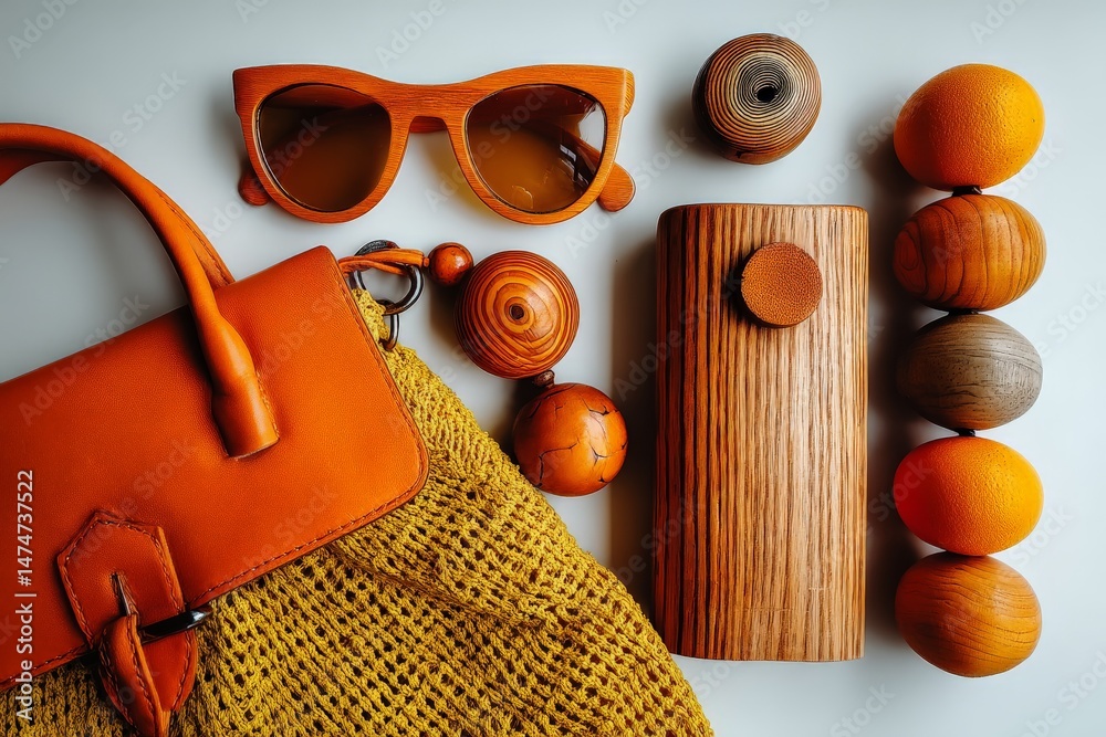 Poster wooden accessories and stylish sunglasses arranged on a table with a textured handbag and decorative