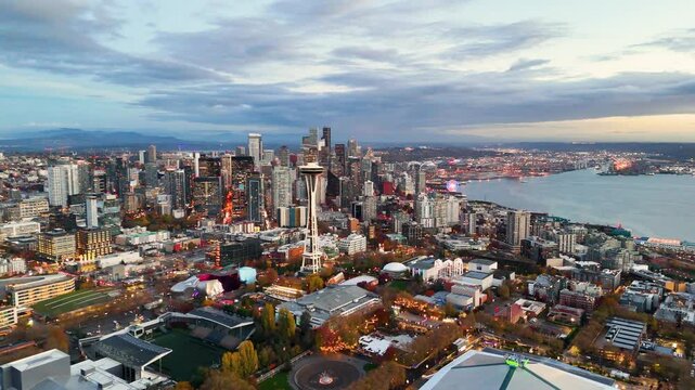 Breathtaking Aerial View of Seattle with Space Needle and Coastal Skyline &mdash; Cinematic Drone Footage