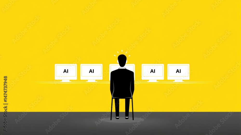 Poster a person sits in front of multiple computer screens displaying 