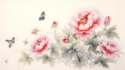 red peony and butterfly traditional painting illustration abstract background decorative painting
