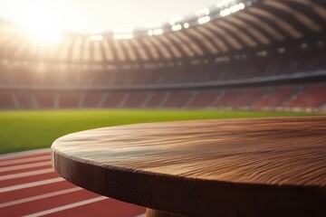 Empty wooden table in a stadium