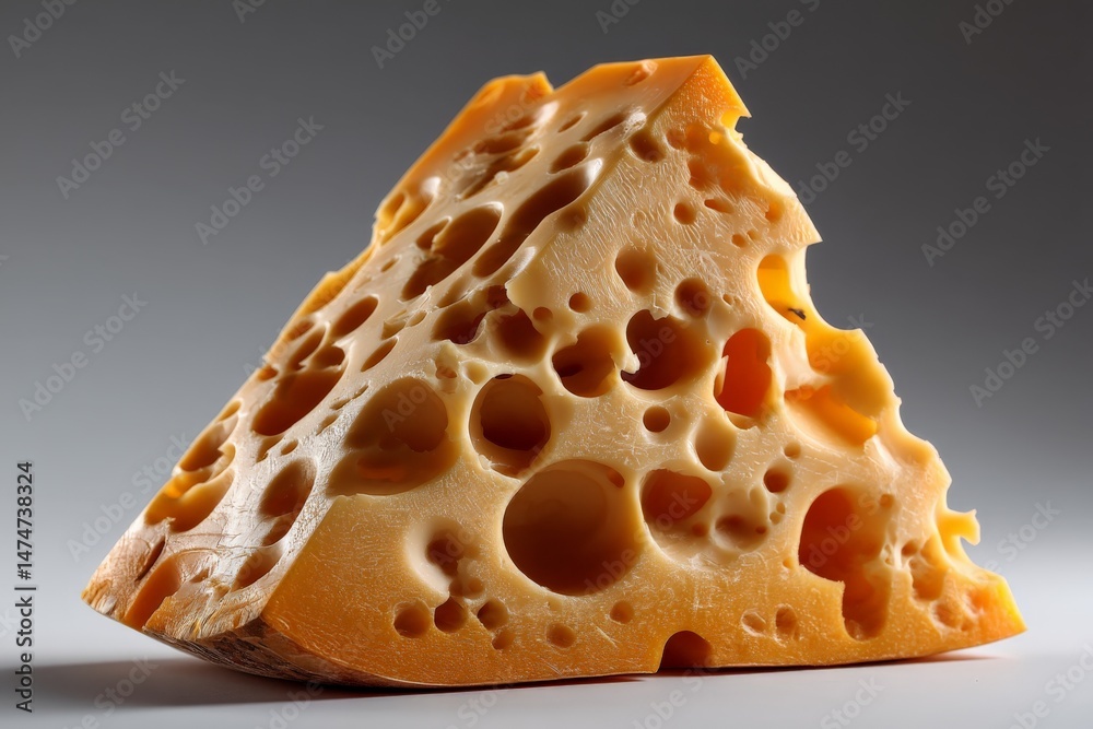 Poster unique piece of cheese on display with pronounced holes showcasing its texture and richness