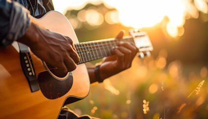 Obraz premium Acoustic Sunset Serenade: A close-up shot of a person's hands delicately playing an acoustic guitar during a breathtaking sunset, showcasing the beauty of music and nature's harmony.