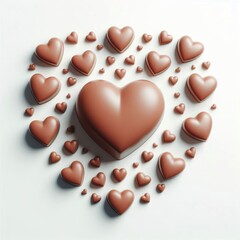 Top view of a 3d chocolate heart-shaped candies isolated on white, cute design, white background