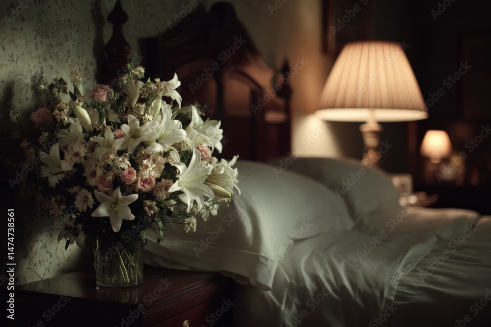 Poster Cozy bedroom setting with flowers and soft lighting creating a relaxing ambiance for rest and tranquility