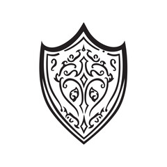 A decorative black emblem shield features intricate ornamental scrollwork with a transparent background