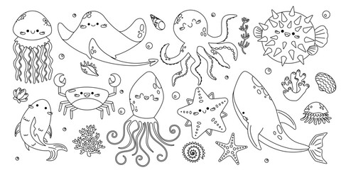 Set outlines with hand drawn sea animals, whale, squid, octopus, stingray, jellyfish, crab, fish, starfish, urchin fish, shells and seaweed. Cute underwater creatures isolated for kids coloring books