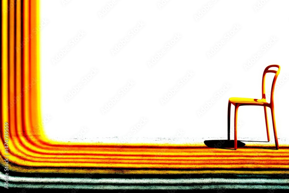 Poster bright yellow chair against vibrant abstract background with contrasting shadows and lines