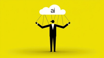 A person controlled by a cloud labeled "ai," symbolizing artificial intelligence influence, on a bright yellow background.