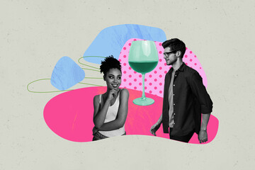 Exclusive artwork collage of happy girl guy dance together weekend occasion champagne glass vibe...