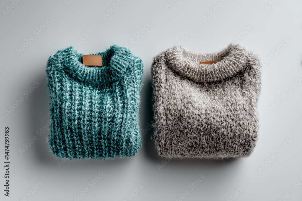 Poster soft knitted sweaters in aqua and gray displayed on a neutral background ready for chilly weather