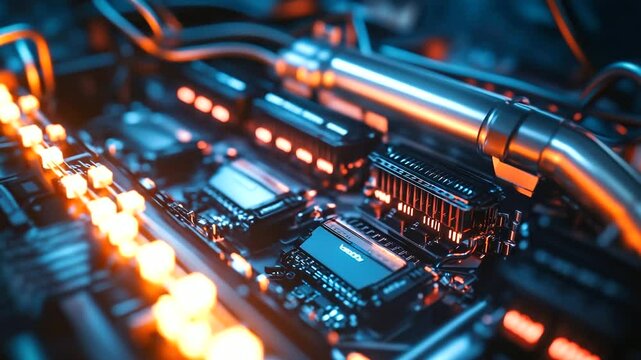 A visually striking shot of an EV battery&rsquo;s thermal management system, with liquid cooling pipes and temperature sensors strategically placed among the power cells.