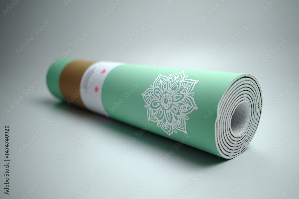 Poster Yoga mat rolled up with decorative patterns in a serene setting for a peaceful practice