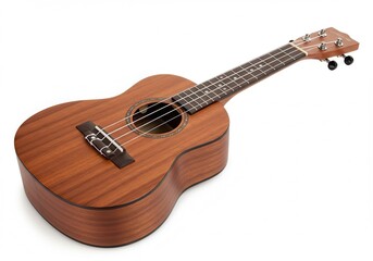 A close up shot of a brown ukulele with strings on a white background in a studio setting view from above