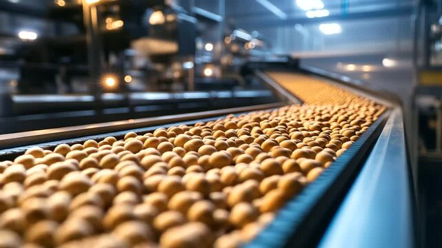 A well-lit processing plant where soybeans are sorted by size and quality on a conveyor belt, symbolizing the precision and high standards of industrial food manufacturing.
