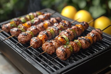A classic charcoal mangal BBQ grill with freshly cooked meat and vegetables
