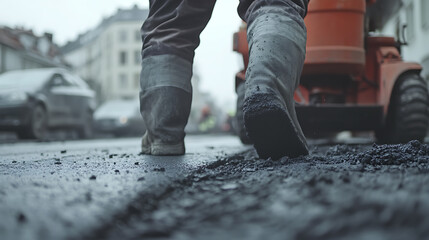 Fototapeta premium Construction Worker Walking on Fresh Asphalt