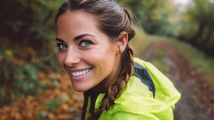 Naklejka premium healthy woman with beautiful smile. trail running, marathon, triathlon running, outdoor nature, with copy space