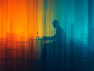 Silhouette of a person working on a laptop in vibrant colors.