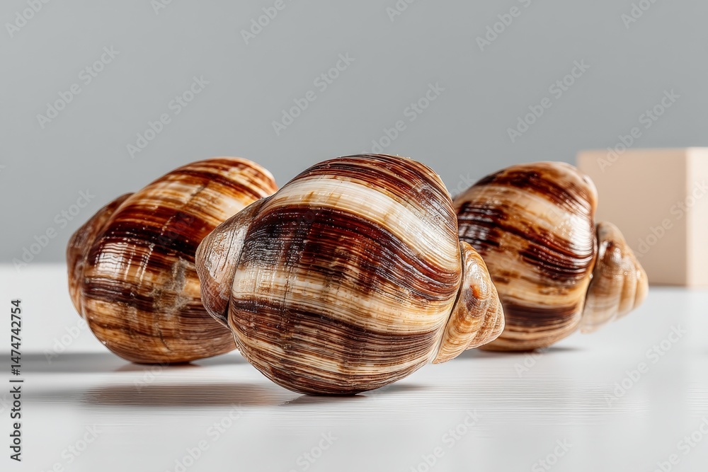 Fototapete unique striped seashells arranged on a light surface with a minimalistic background, perfect for dec