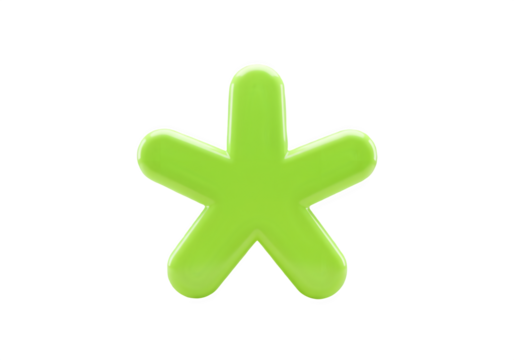 Bright lime green asterisk graphic. Simple, playful design. 3d rendering isolated on white background. Cartoon plastic style icon