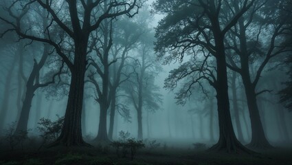 Misty morning in a cold winter forest with frost-covered trees and a serene, icy landscape
