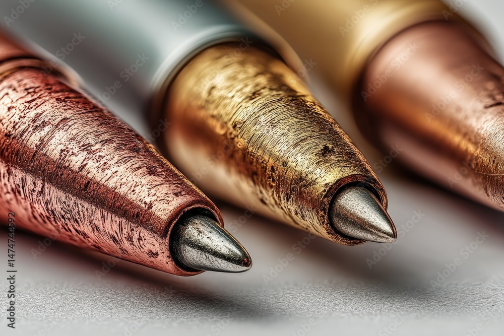 Poster Metallic writing instruments showcase craftsmanship and design in close-up view during a creative workspace session