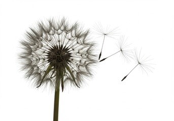 A close up of a dandelion with seeds blowing away on a clean white background in soft focus detail