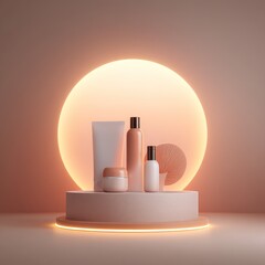 Cosmetics display on pedestal with warm light