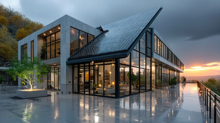 Fototapeta premium Solar panels reflect the setting sun on a modern rooftop installation surrounded by misty hills, highlighting sustainable energy