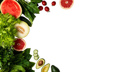 Fresh Fruits and Vegetables Border Frame on a png Background with Copy Space.Healthy clean eating...