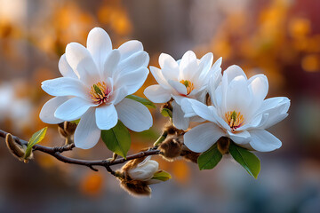 Close-up of white magnolia blossoms on branch with beautiful blurred orange background