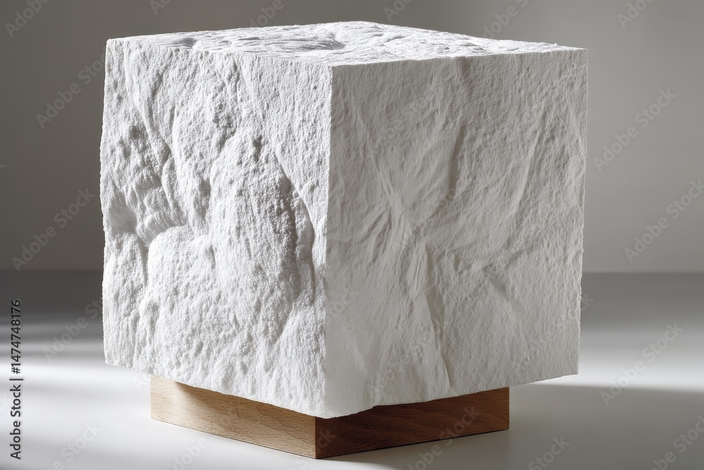 Aufkleber sculptural white block table with textured surface and wooden base in modern interior setting
