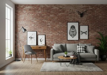 Living room with brick wall sofa desk and art prints creating a modern and cozy interior space