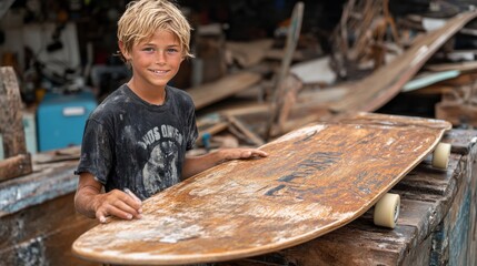 Young Boy Smiling While Holding Old Skimboard in Workshop Setting