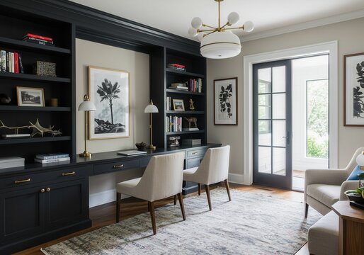 Interior of a home office with dark built ins and a patterned rug in a well lit modern space