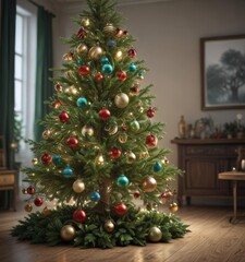 Classic green tree, colorful baubles, soft glowing lights,  design,  xmas