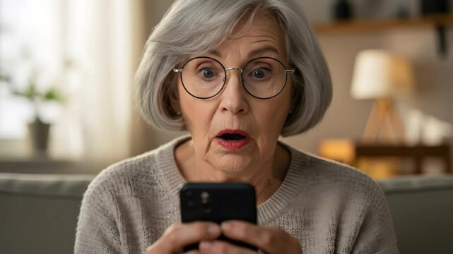 Surprised senior woman looking at smartphone screen with shocked expression 4k video