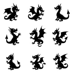 Set of cute dragon silhouettes in various playful poses, black vector collection on white background