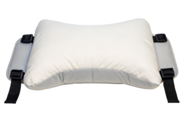 Comfortable white travel pillow with black adjustable straps isolated with transparent background